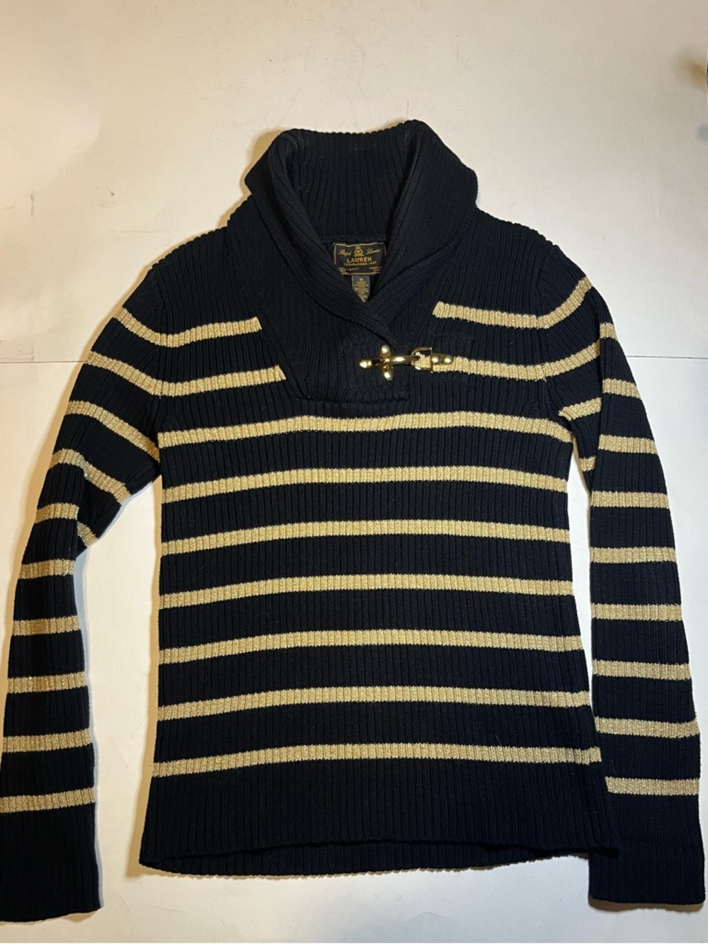 Ralph Lauren Black Label Black & Gold Striped Shawl-Collar Sweater